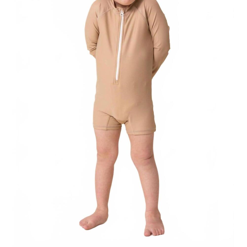 NEW ROCO SWIM boy's zip up rashguard in beige